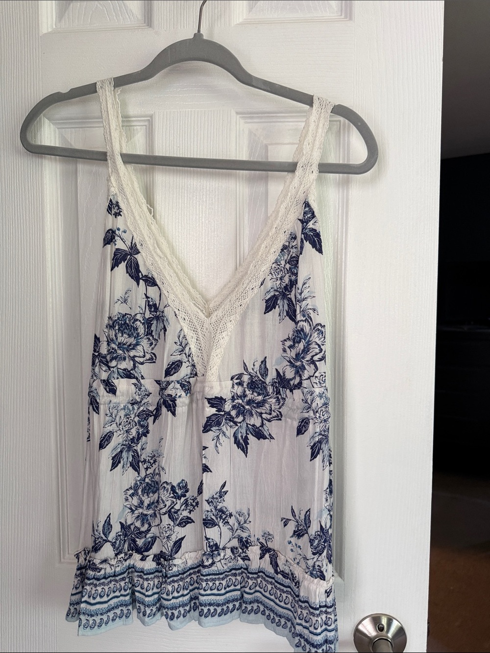 Angie White Tank Top with Navy Floral Print and Lace V-Neck